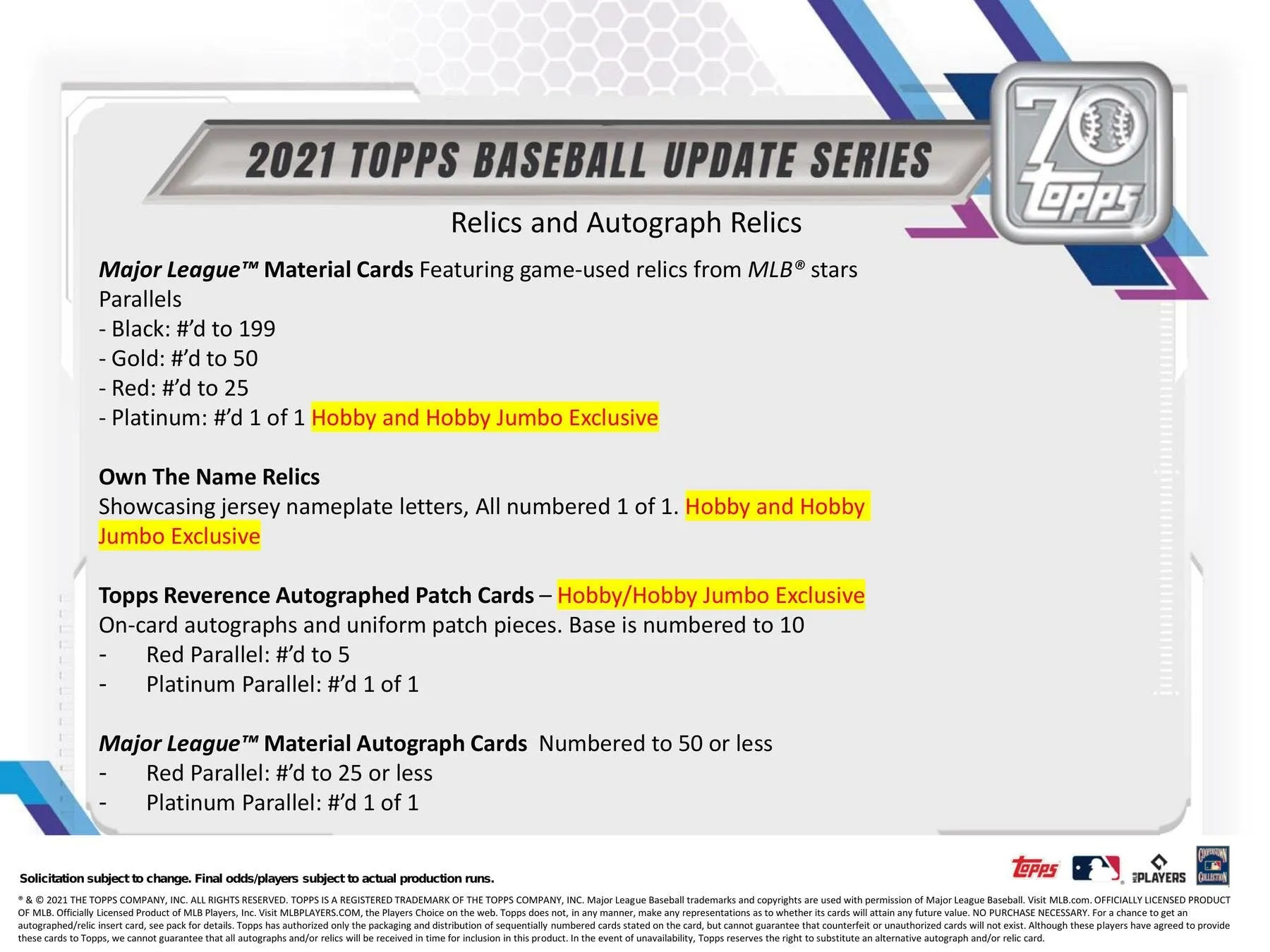 2021 Topps Update Series Baseball Hobby Jumbo Box 10 Packs Per Box, 46 Cards Per Pack