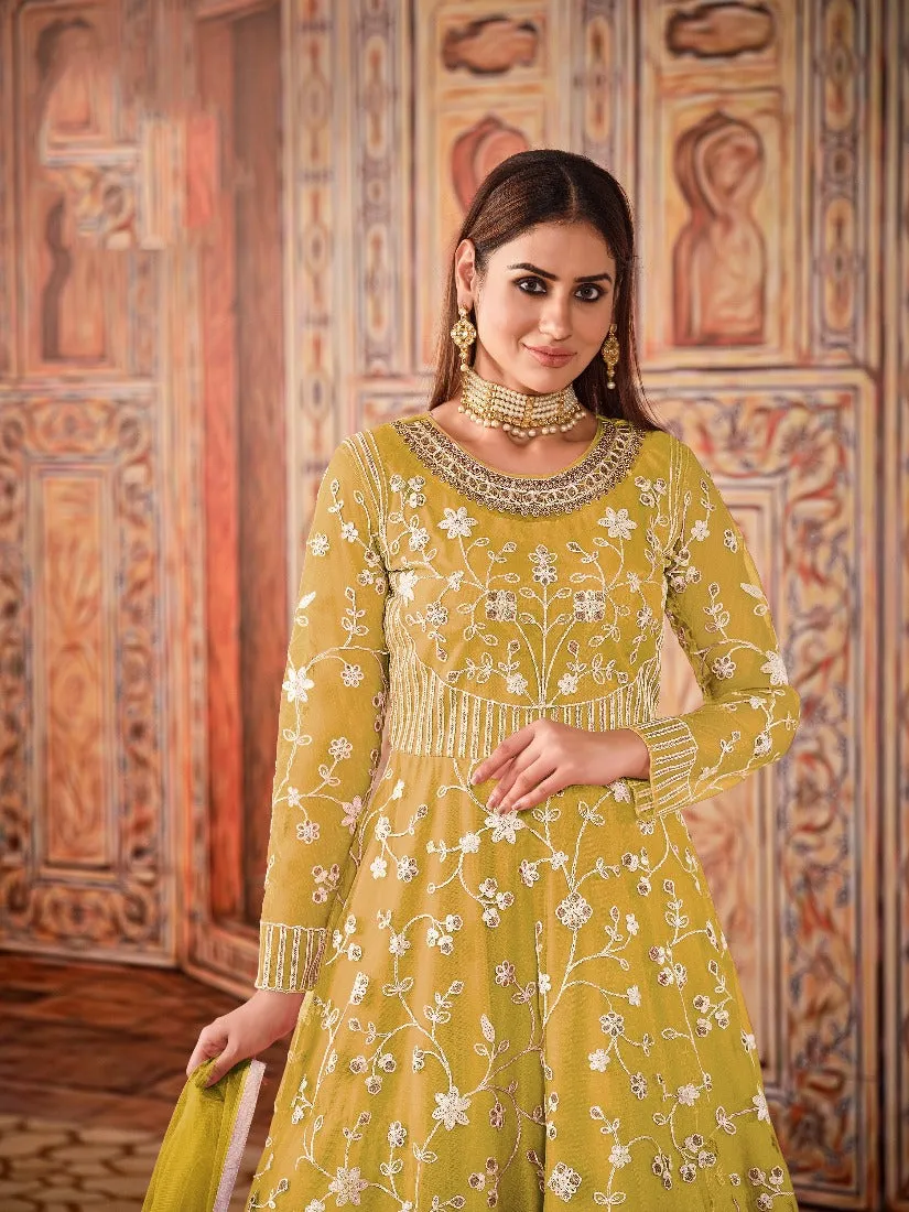 Abaya Style Yellow Thread Floor Length Anarkali Suit