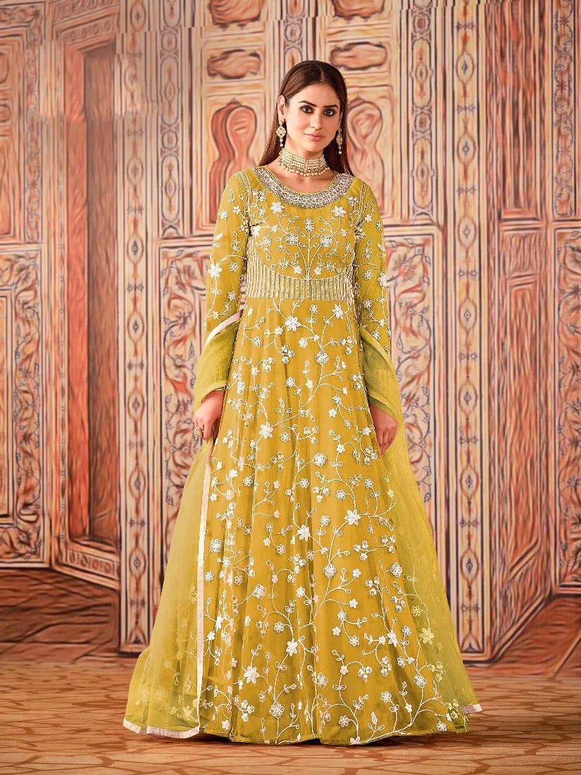 Abaya Style Yellow Thread Floor Length Anarkali Suit