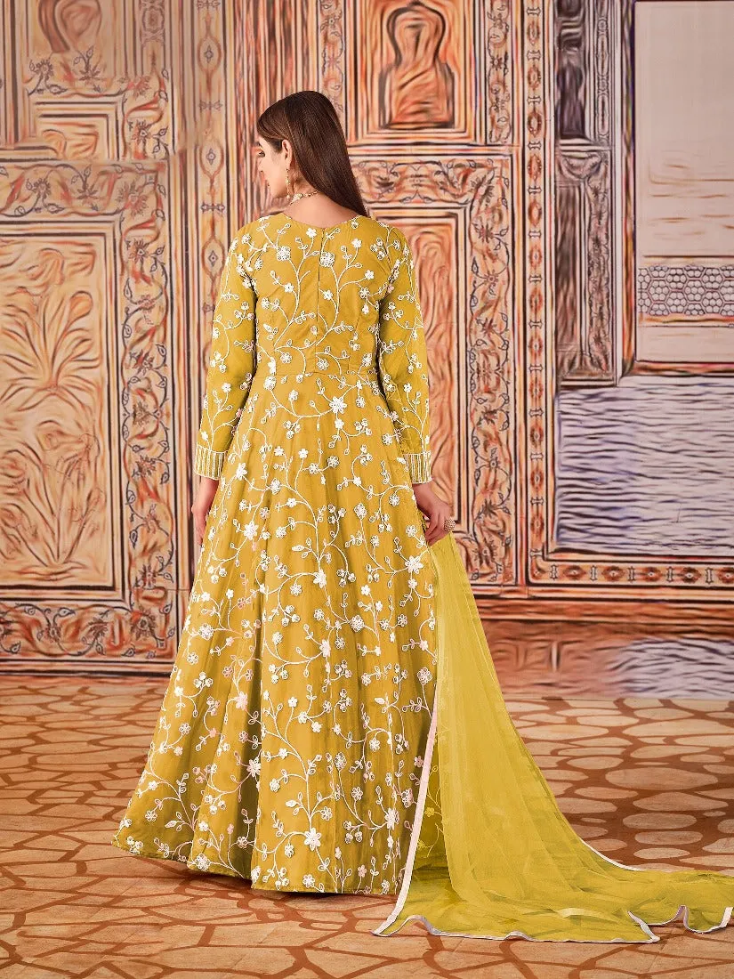 Abaya Style Yellow Thread Floor Length Anarkali Suit