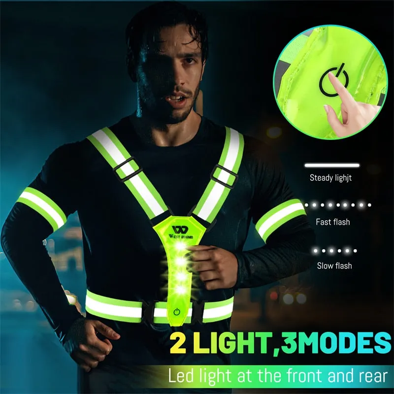 Adjustable Safety Reflective Cycling Vest Night Running Riding Warning Light USB Rechargeable Outdoor Sport LED Vest