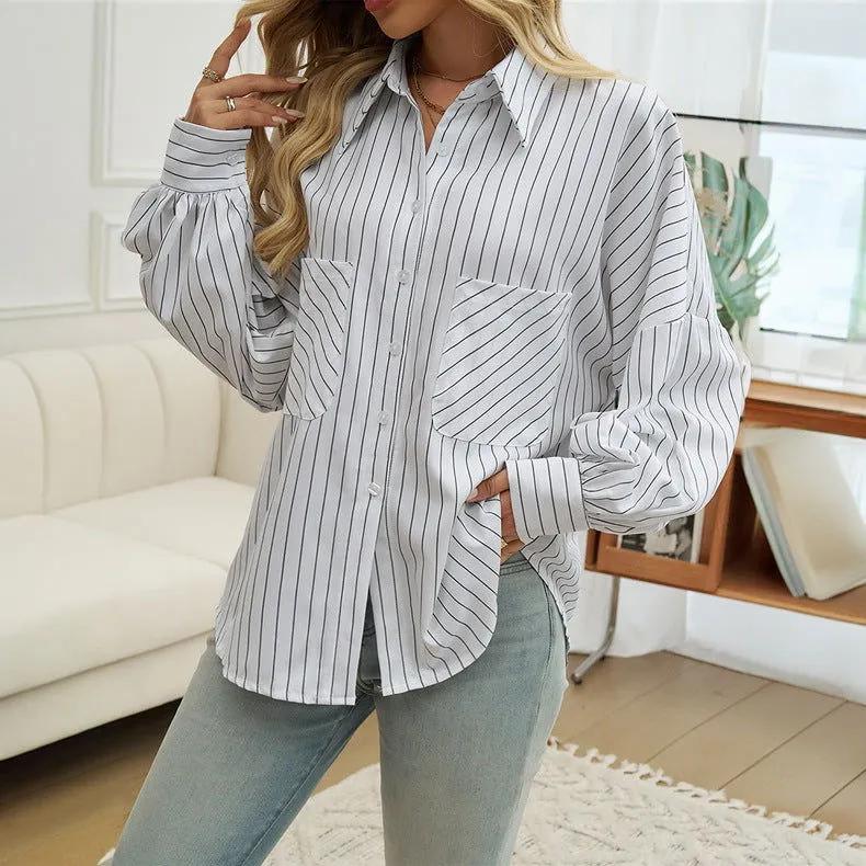 Autumn Winter Top Women Loose Cardigan Contrast Color Long Sleeves Shirt