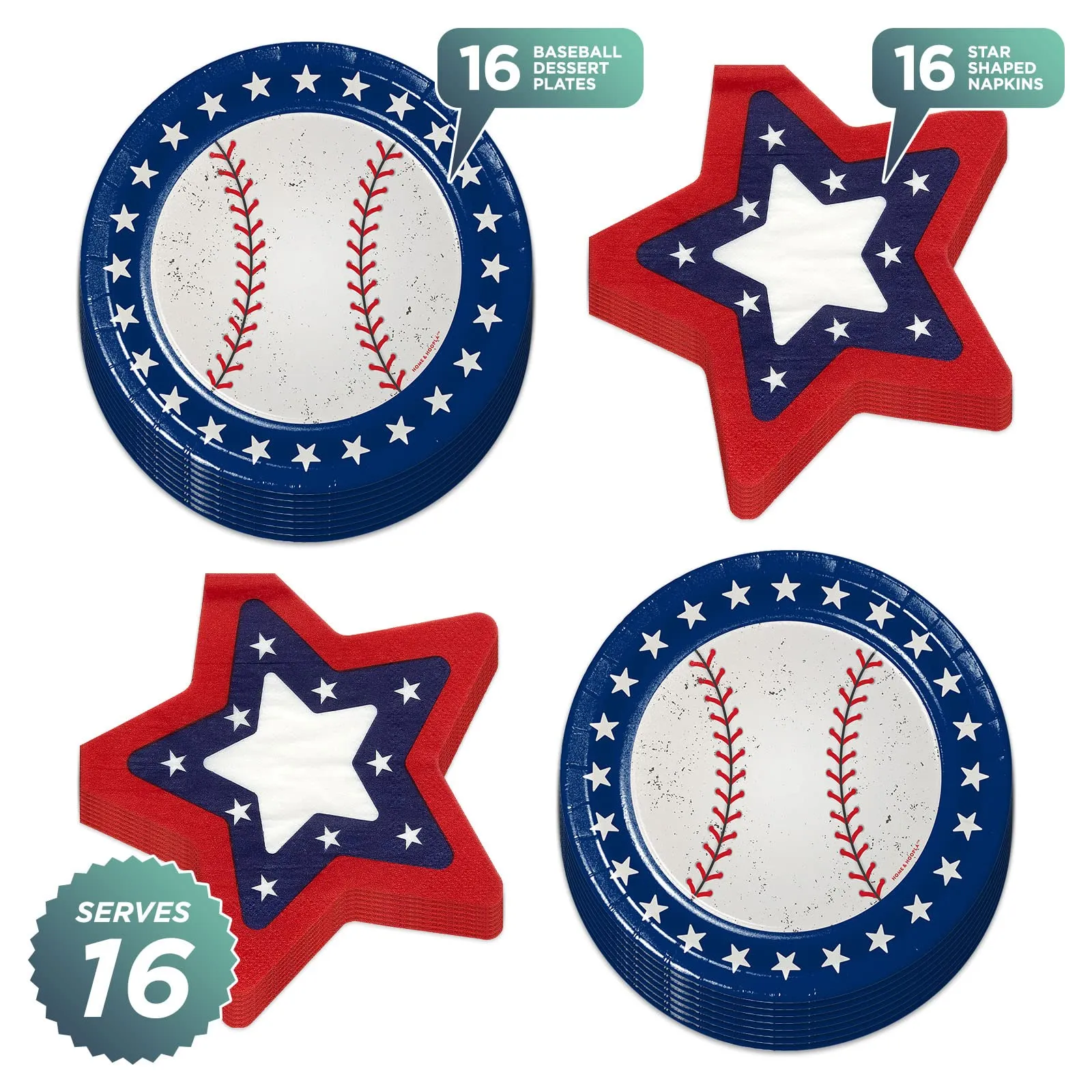 Baseball Party Supplies - All Star Red, White, and Blue Paper Dessert Plates & Star-Shaped Napkins (Serves 16)