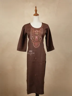 Brown Cotton Kurtis Embellished with Sequins and Embroidery Floral Designs without Dupatta