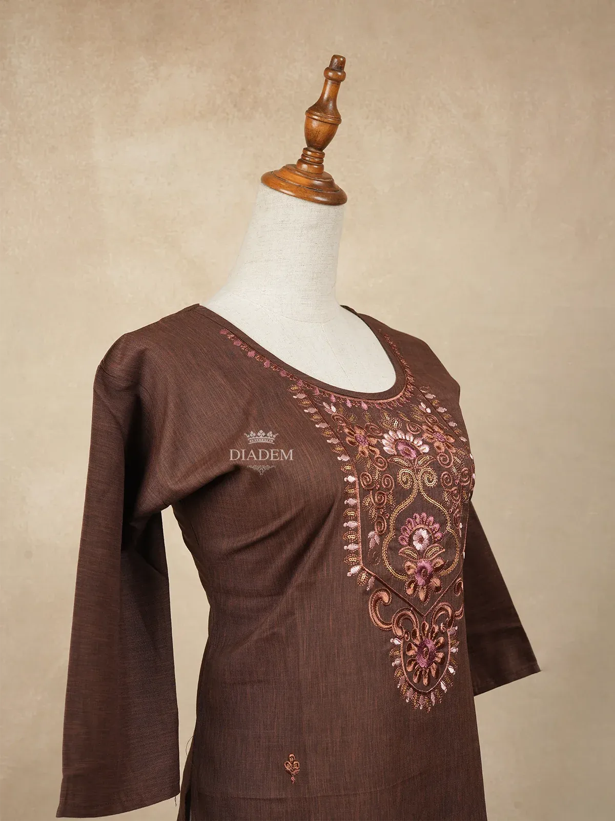 Brown Cotton Kurtis Embellished with Sequins and Embroidery Floral Designs without Dupatta