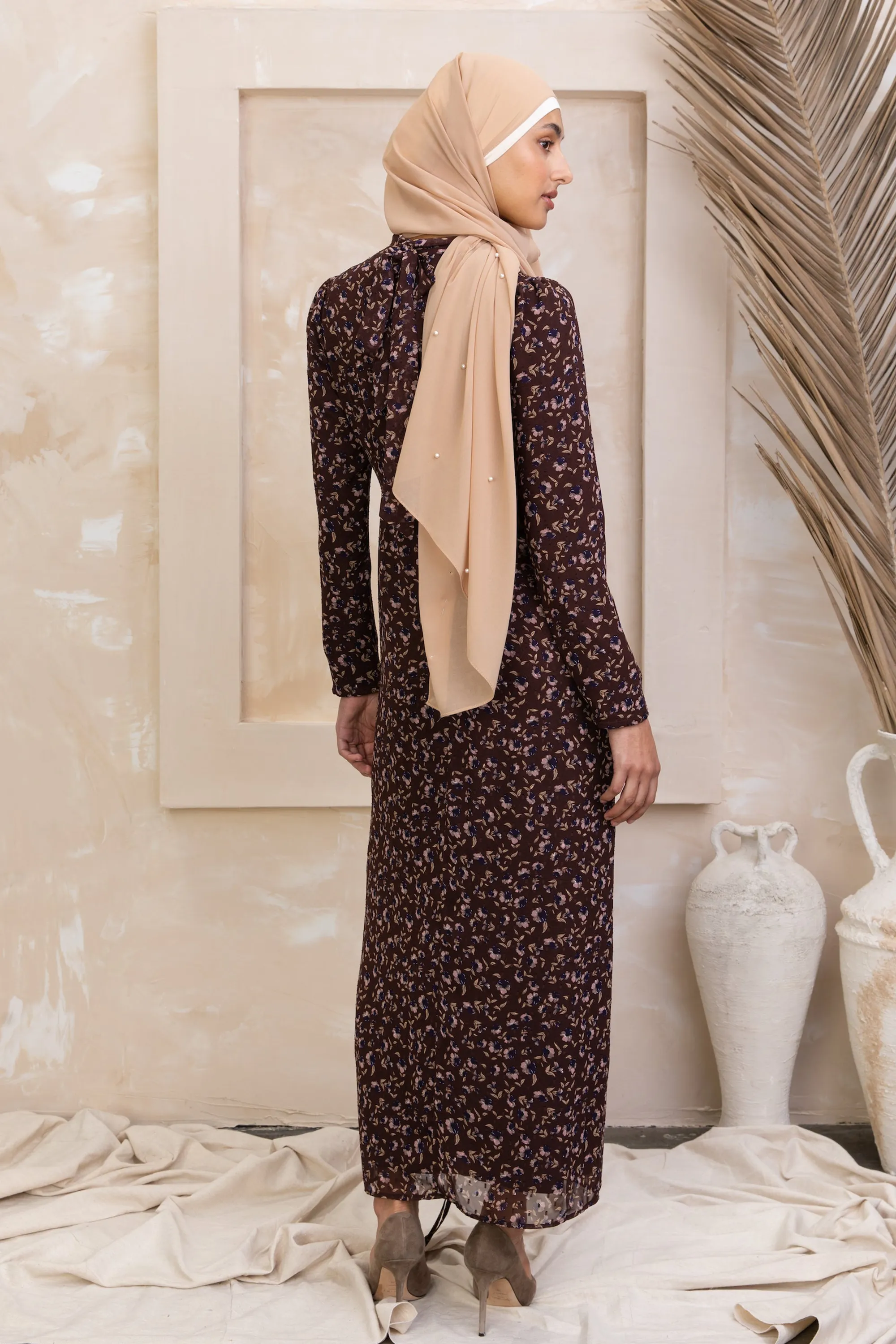 Brown Floral Ruched Maxi Dress