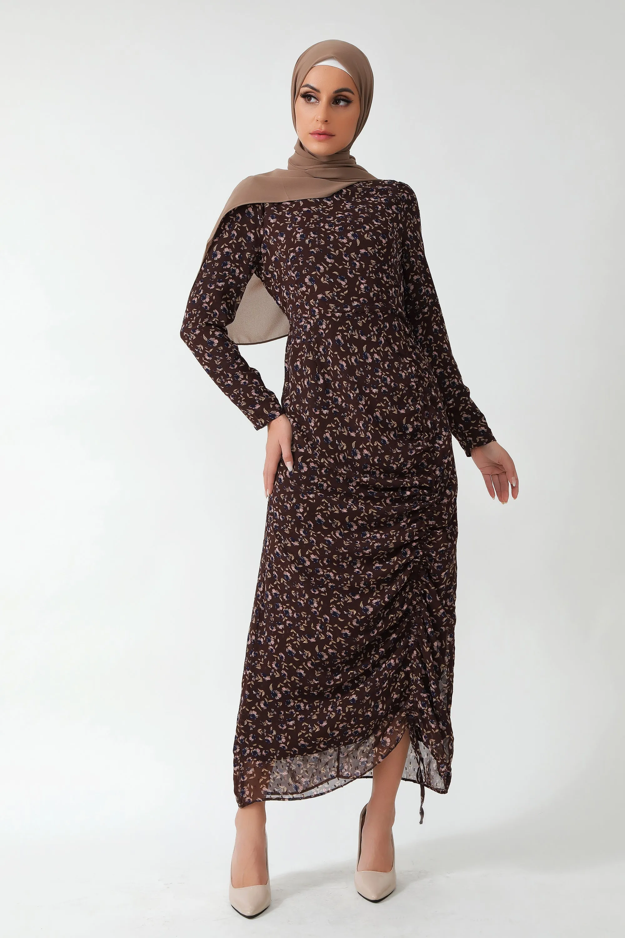 Brown Floral Ruched Maxi Dress