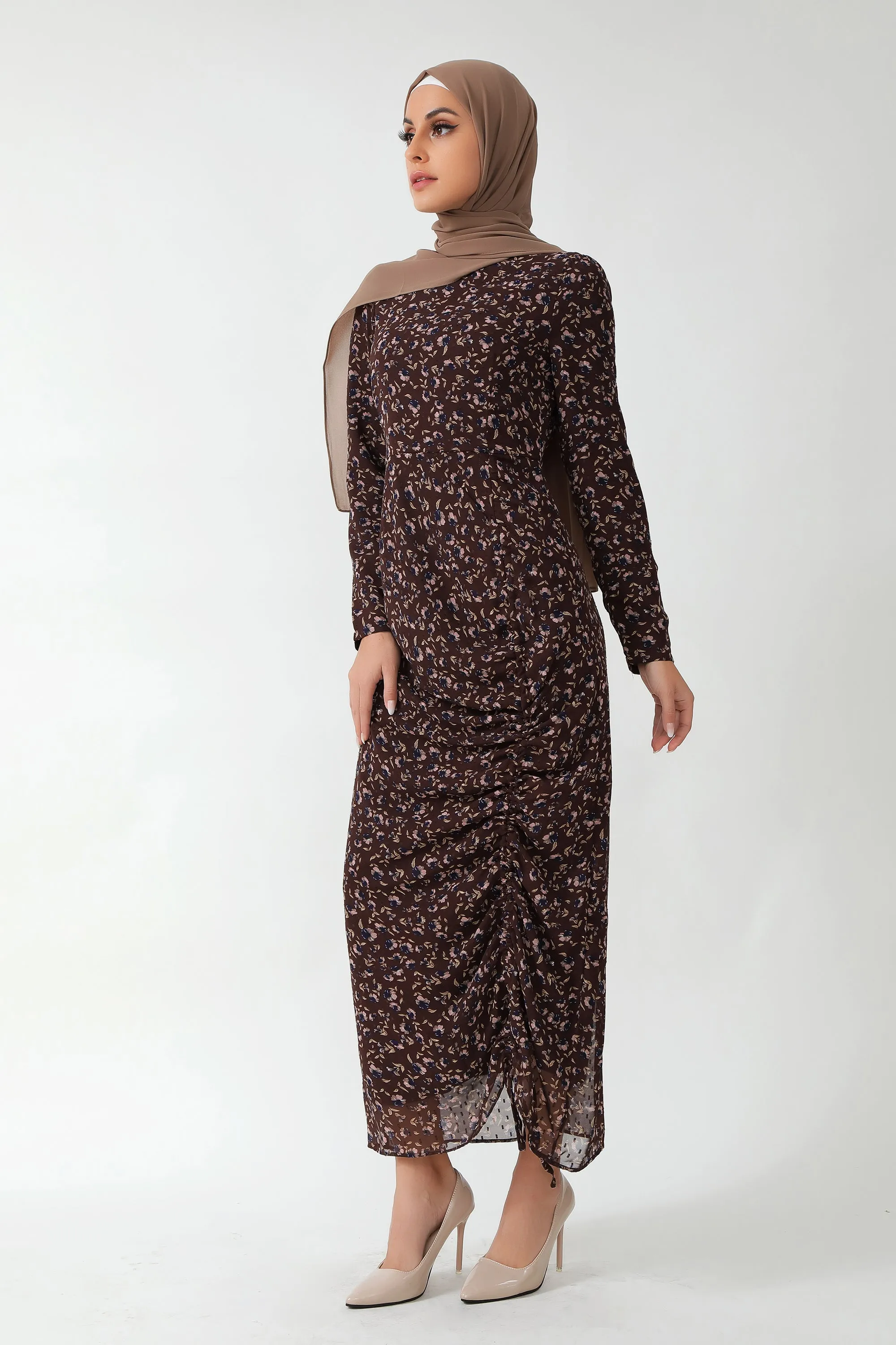 Brown Floral Ruched Maxi Dress