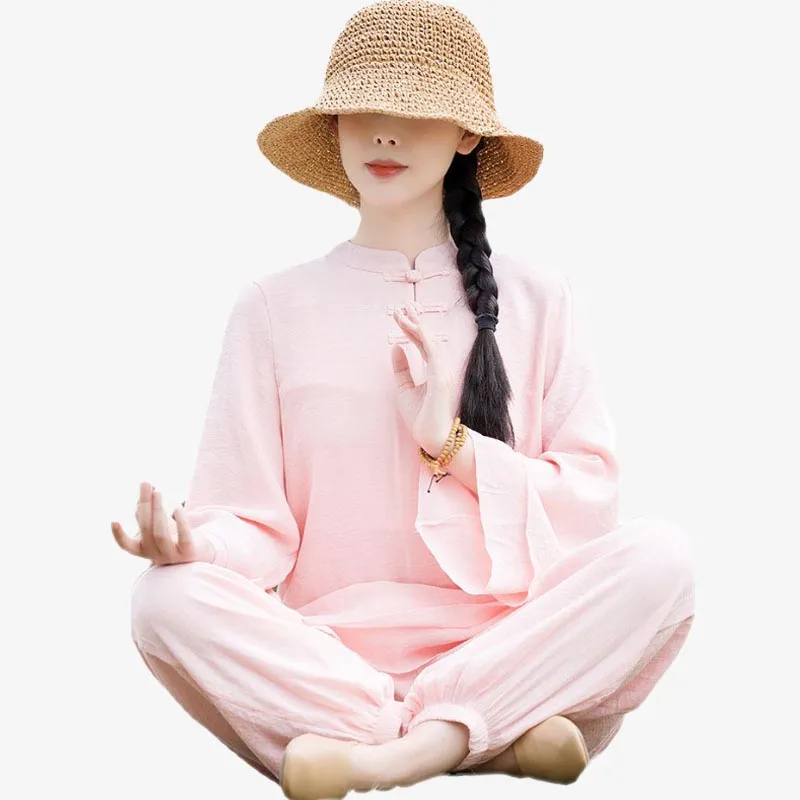 Buddha Stones 2Pcs Plain Design Top Pants Meditation Yoga Zen Tai Chi Cotton Linen Clothing Women's Set