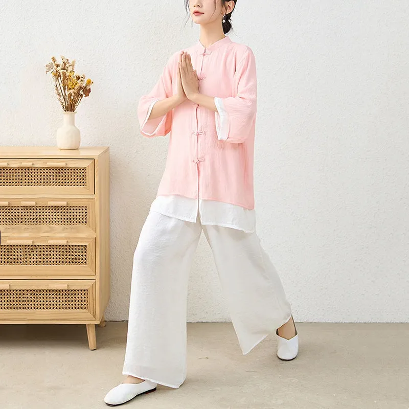 Buddha Stones 2Pcs Simple Chinese Frog Button Design Top Pants Meditation Yoga Zen Tai Chi Cotton Clothing Women's Set