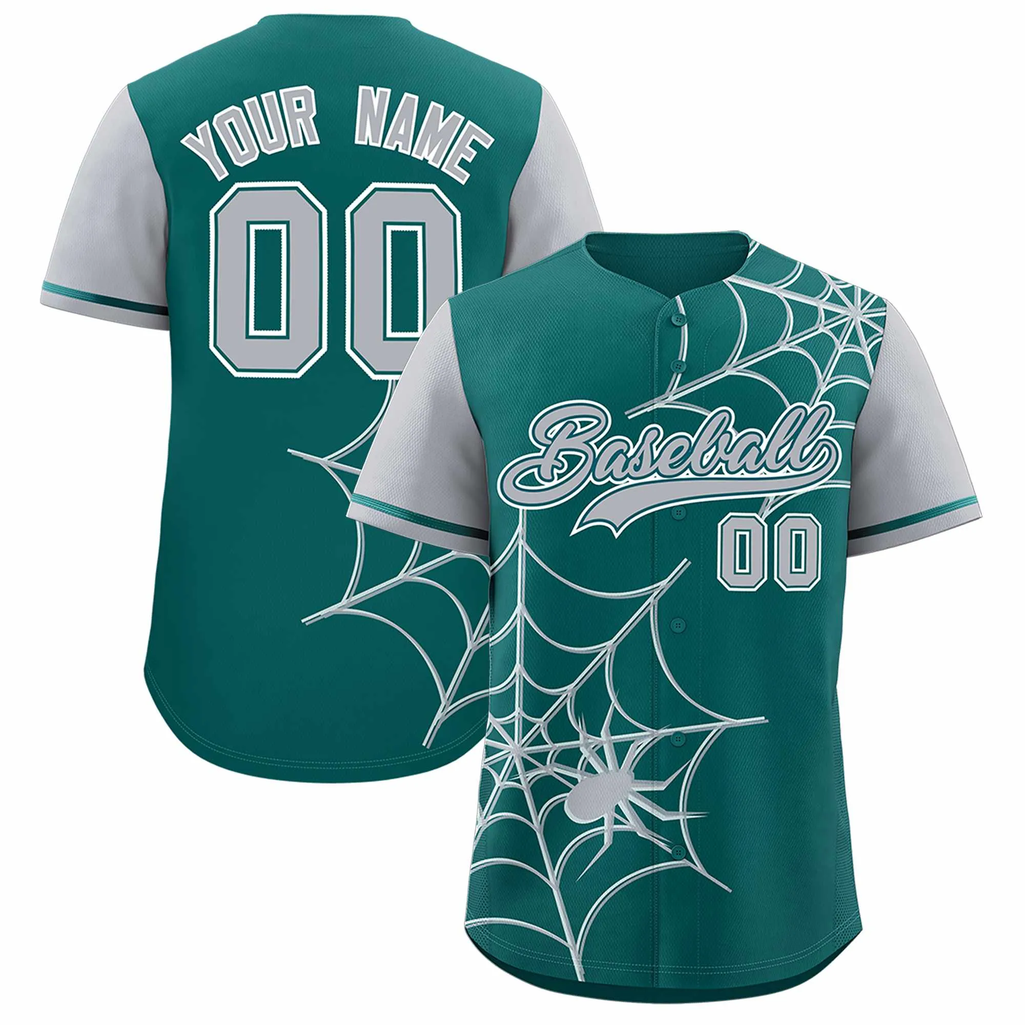 Custom Aqua Gray Spider Web Pattern Raglan Sleeves Authentic Baseball Jersey