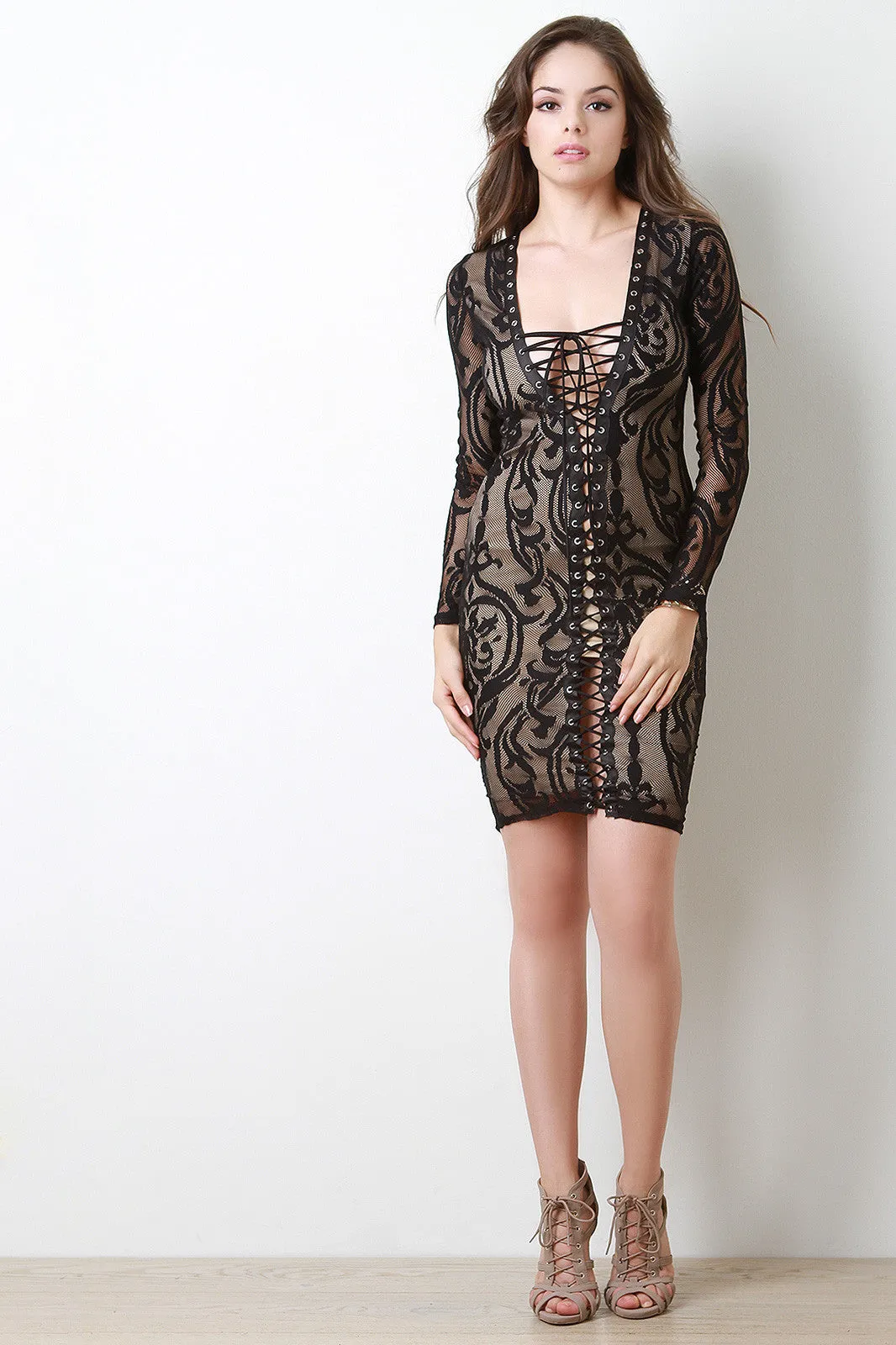 Damask Mesh Lace Up Dress