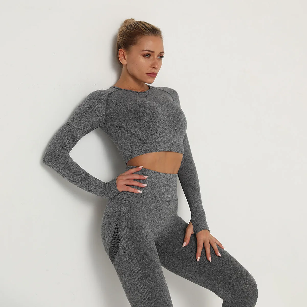 European and American Seamless Yoga Clothes Long Sleeve High Elastic Pleated Quick-Drying Long Sleeve Fitness Yoga Wear Top