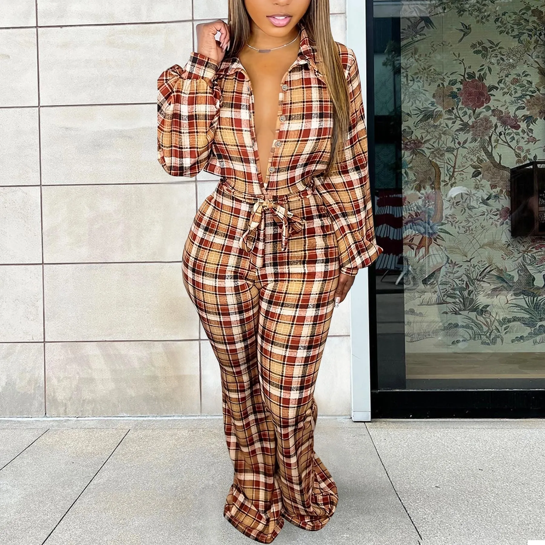 Fashion long sleeved plaid printed jumpsuit AY3231