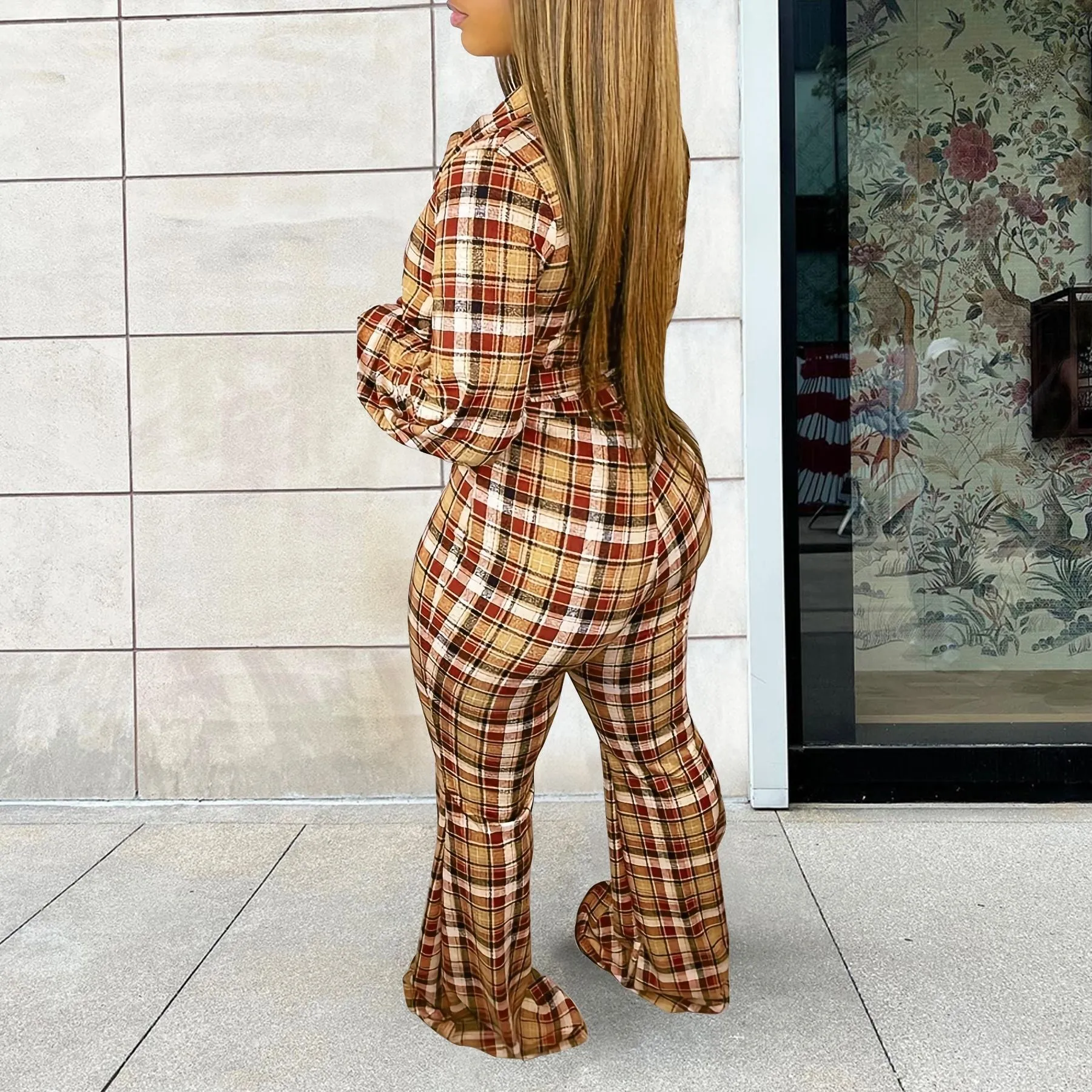 Fashion long sleeved plaid printed jumpsuit AY3231