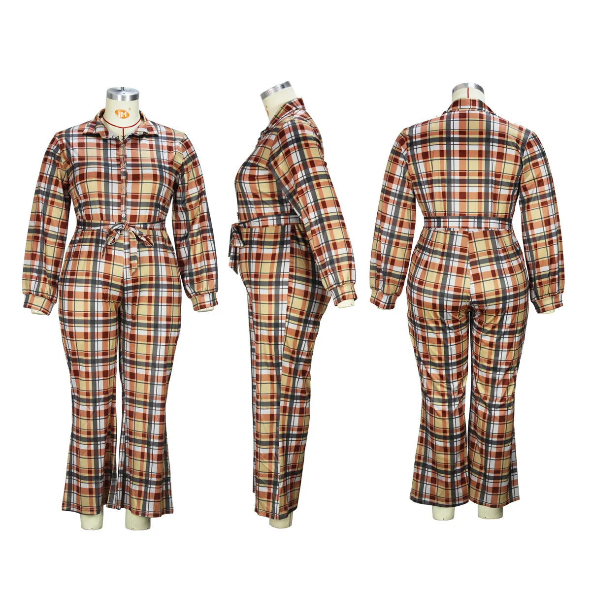 Fashion long sleeved plaid printed jumpsuit AY3231