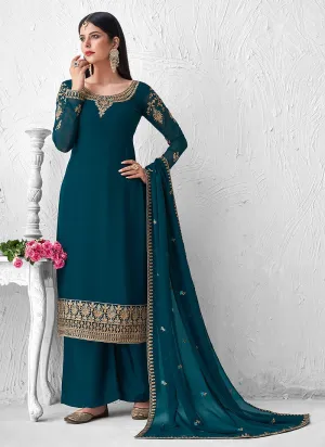 Graceful Teal Embroidered Georgette Palazzo Suit