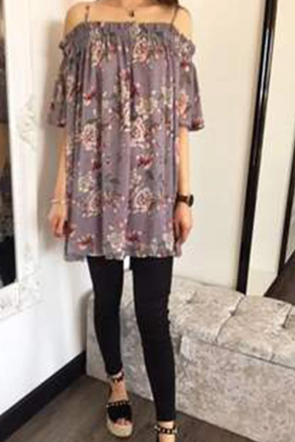 Grey Floral Print Chiffon Off Shoulder Summer Dress Top