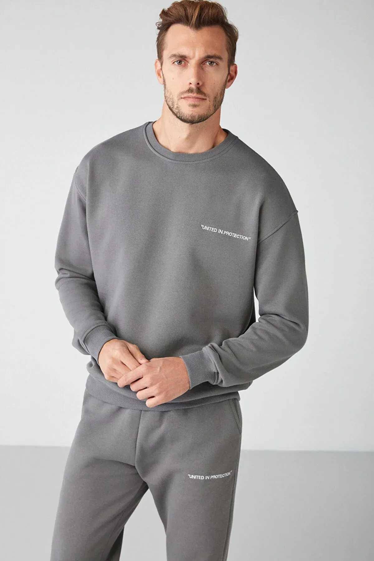 Grimelange Men's Grey Soft Fabric Embroidered Tracksuit