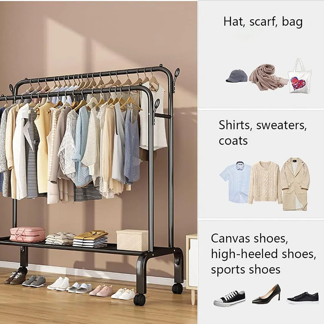 Heavy Duty Portable Double Rail Clothes Garment Hanging Rack Shoe Storage Shelf Organizer Hanger Dryer