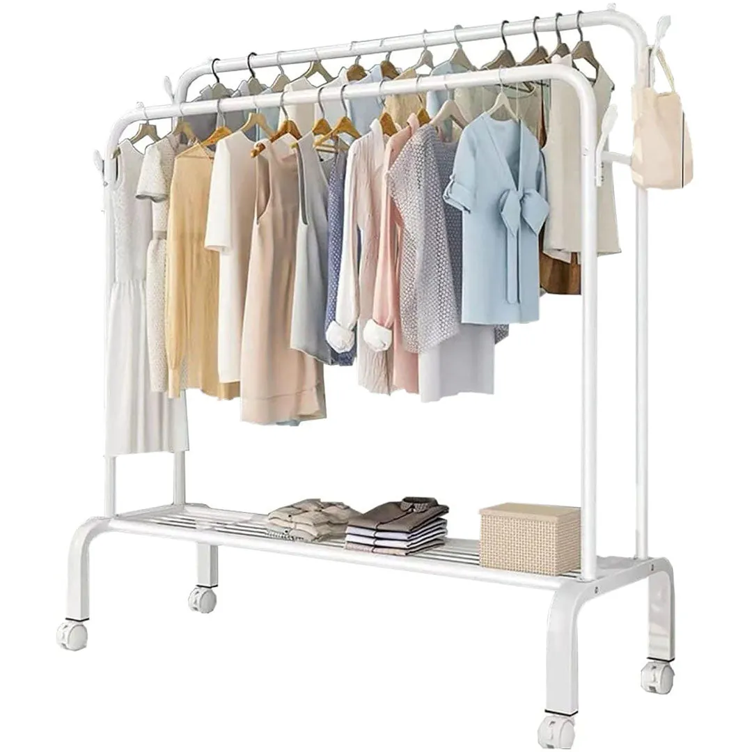 Heavy Duty Portable Double Rail Clothes Garment Hanging Rack Shoe Storage Shelf Organizer Hanger Dryer