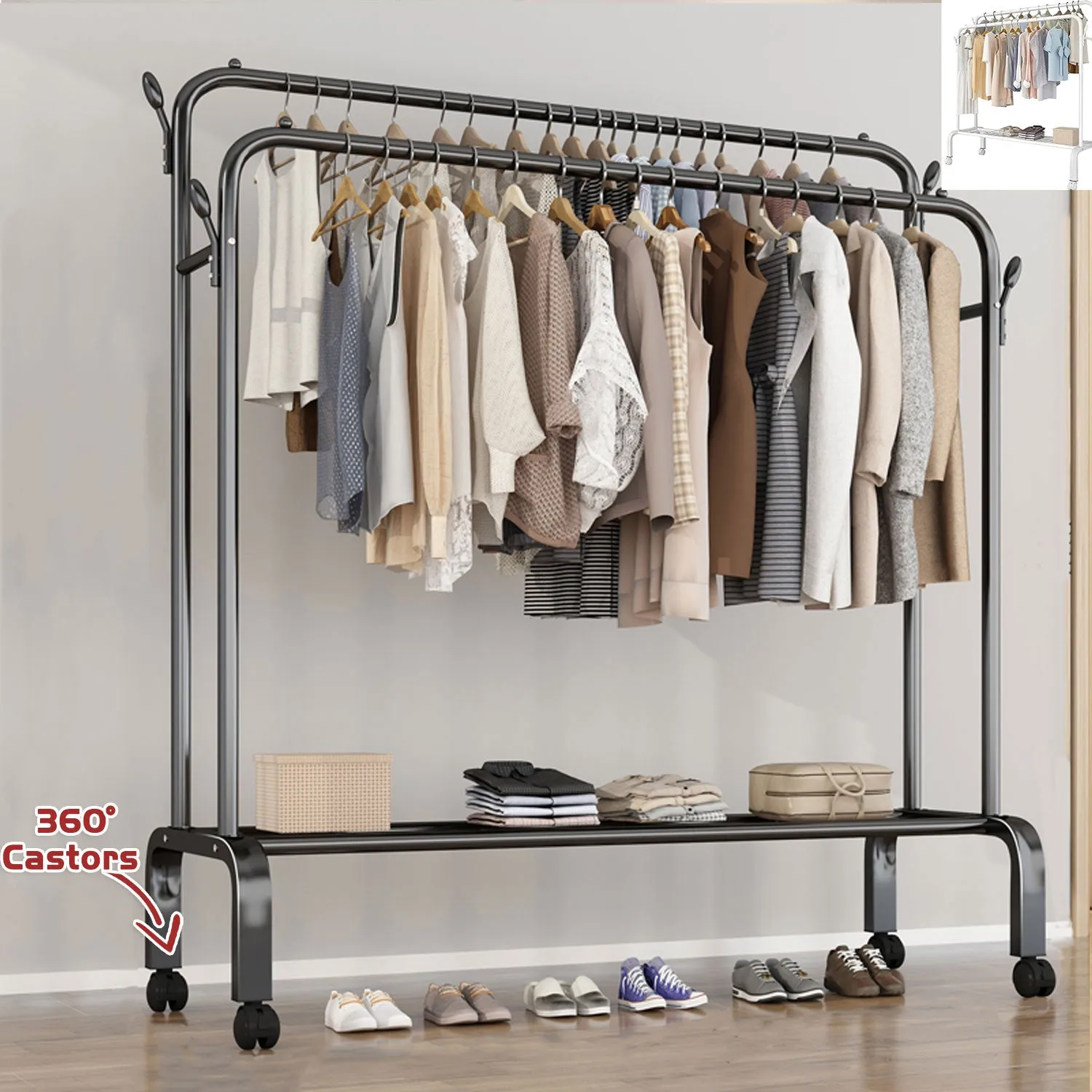 Heavy Duty Portable Double Rail Clothes Garment Hanging Rack Shoe Storage Shelf Organizer Hanger Dryer