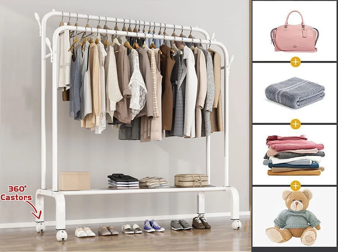 Heavy Duty Portable Double Rail Clothes Garment Hanging Rack Shoe Storage Shelf Organizer Hanger Dryer