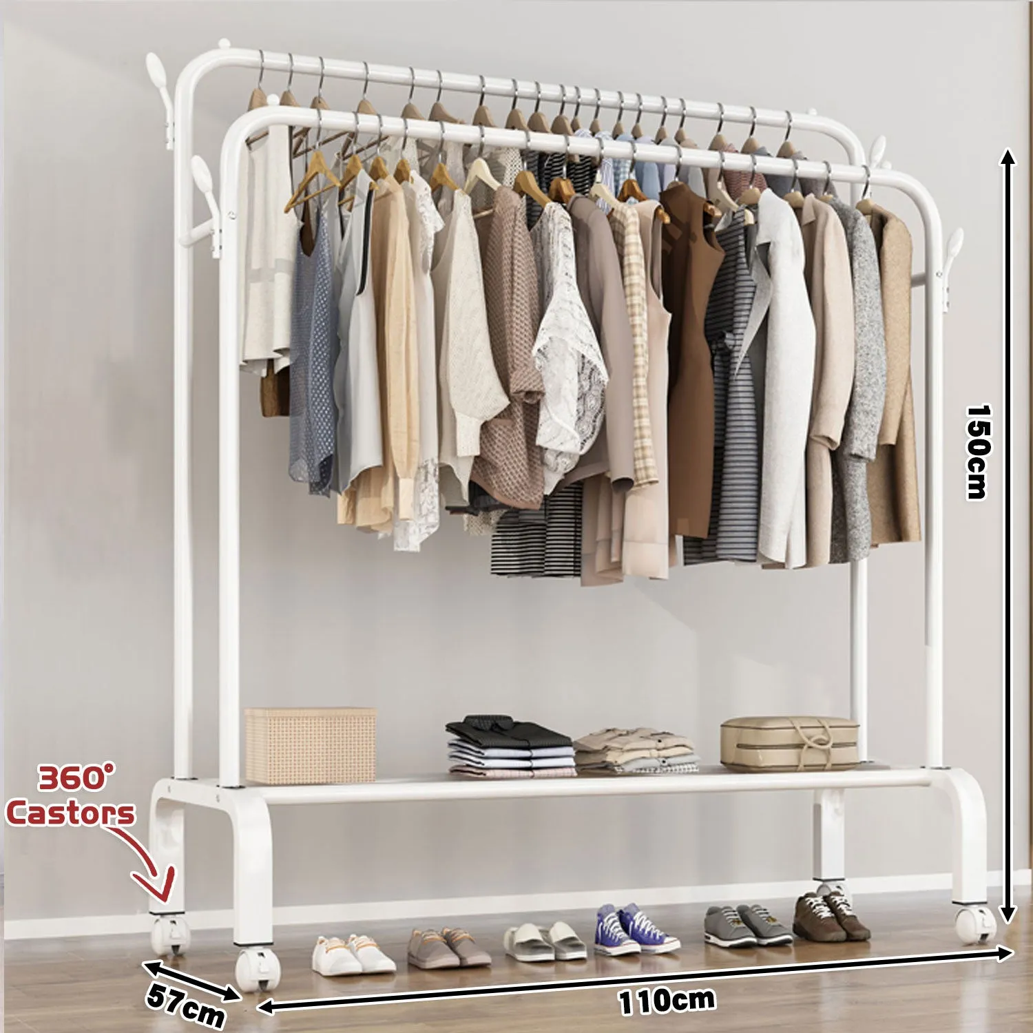 Heavy Duty Portable Double Rail Clothes Garment Hanging Rack Shoe Storage Shelf Organizer Hanger Dryer