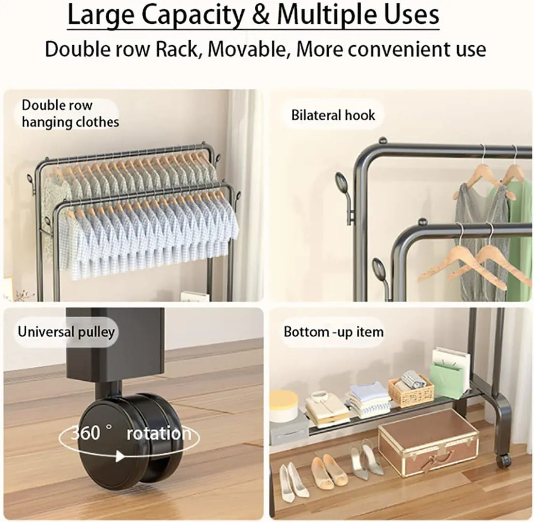 Heavy Duty Portable Double Rail Clothes Garment Hanging Rack Shoe Storage Shelf Organizer Hanger Dryer