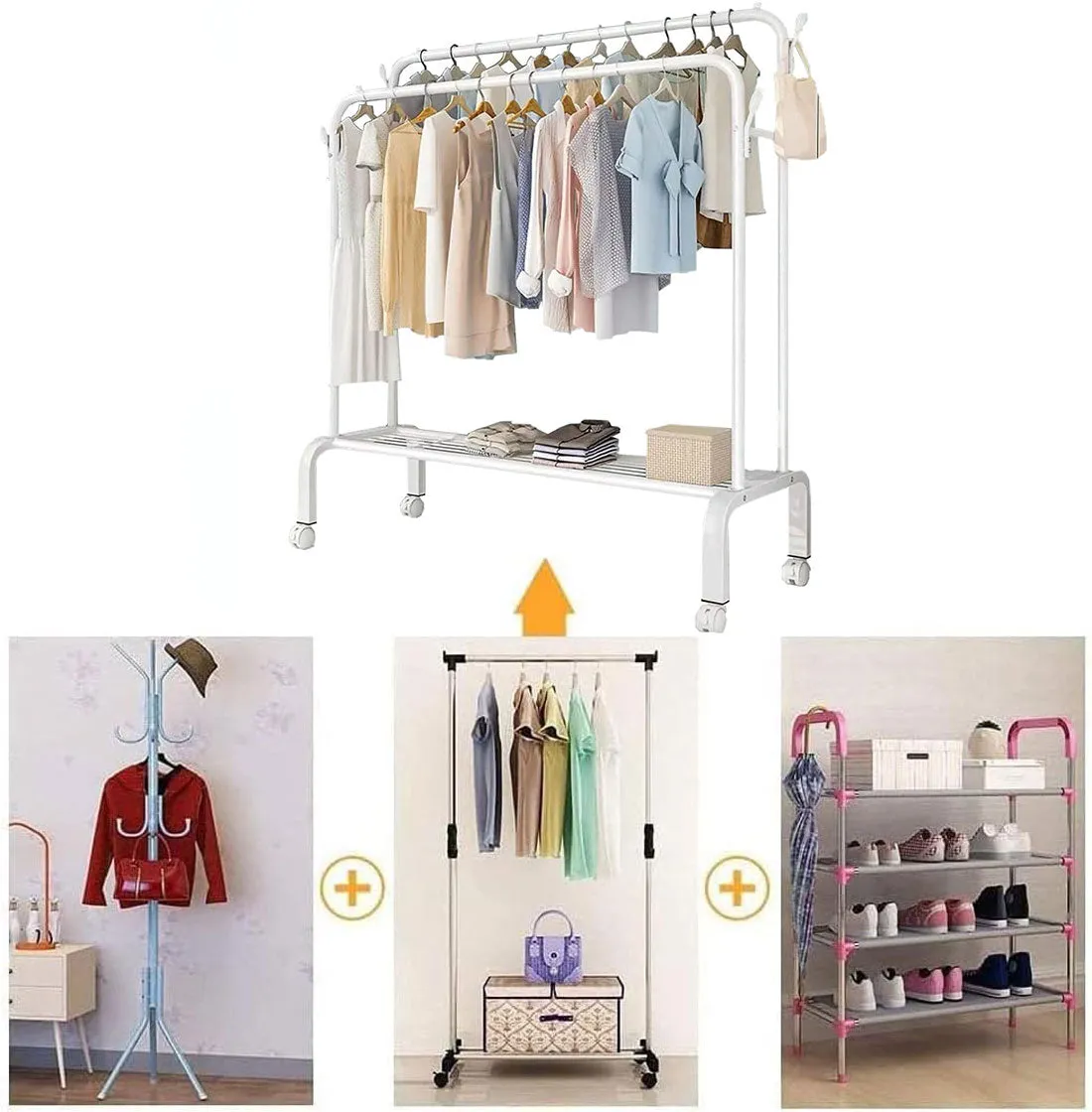 Heavy Duty Portable Double Rail Clothes Garment Hanging Rack Shoe Storage Shelf Organizer Hanger Dryer