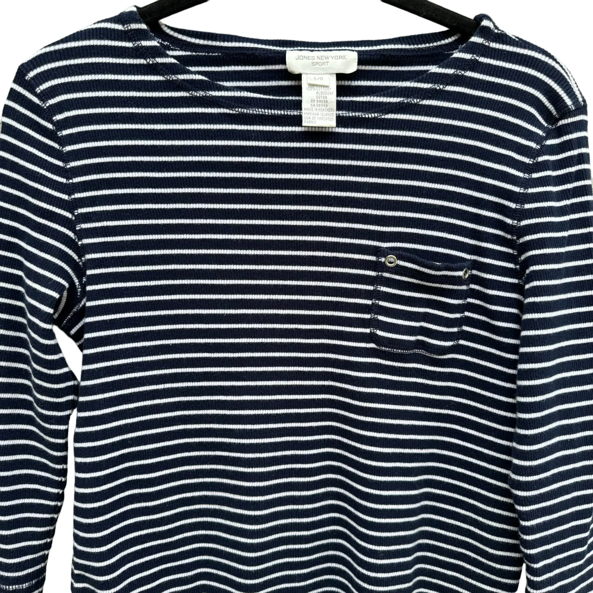 Jones New York Sport Womens Navy Boat Neck Striped 3/4 Sleeve Top Blouse Shirt L