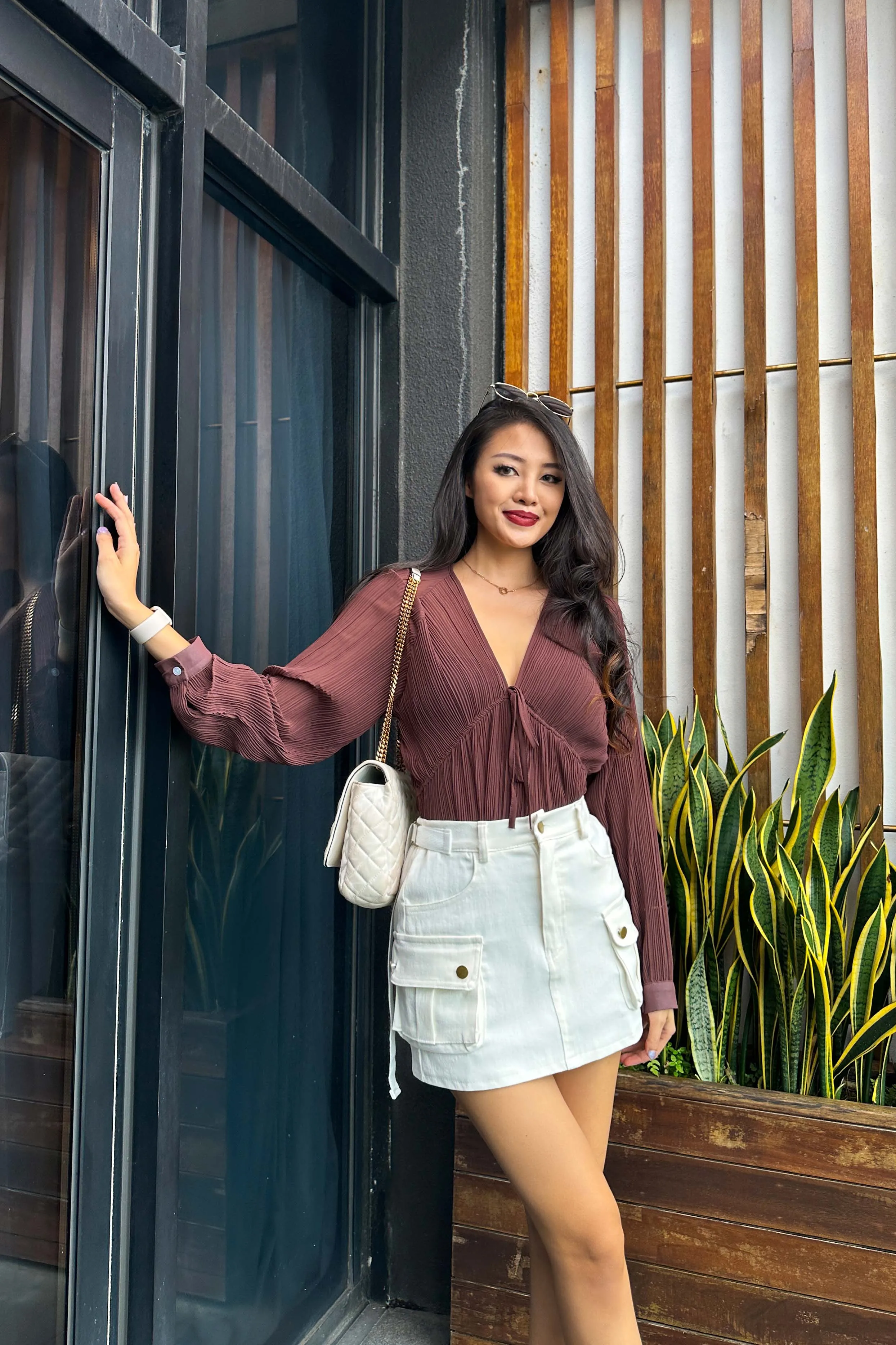 Kissh Pleated Chiffon Top in Brown