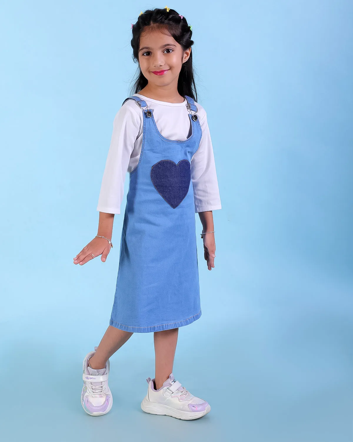 Little Hearts Club Girls Denim Pinafore Dress