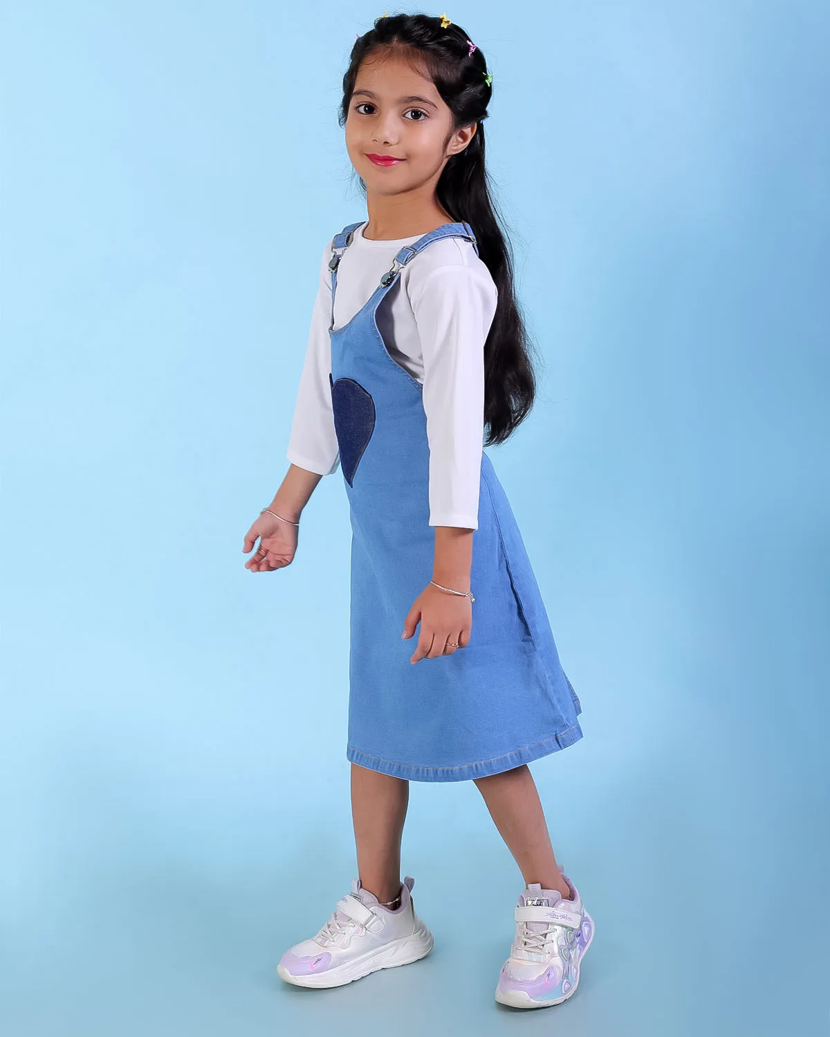 Little Hearts Club Girls Denim Pinafore Dress