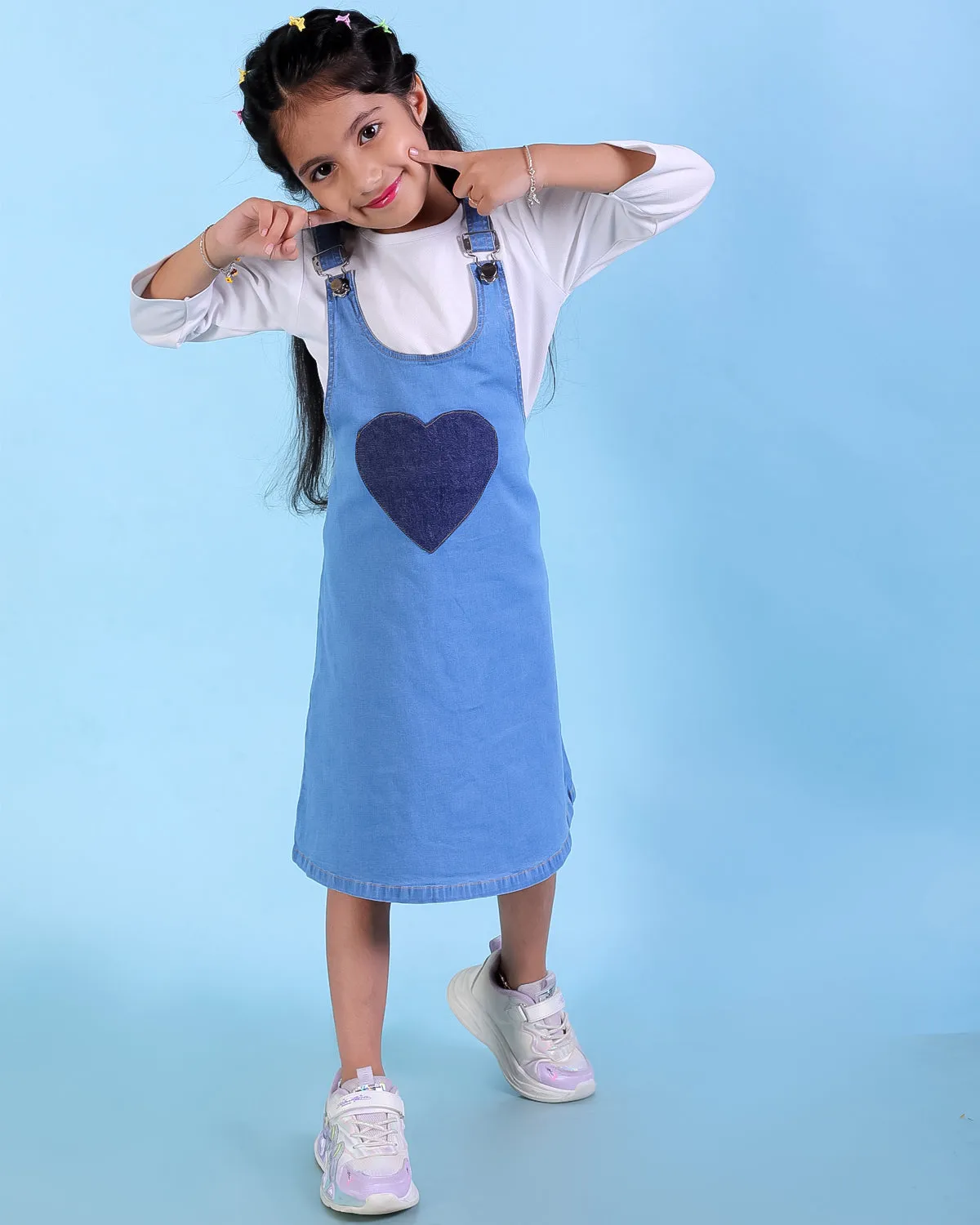 Little Hearts Club Girls Denim Pinafore Dress