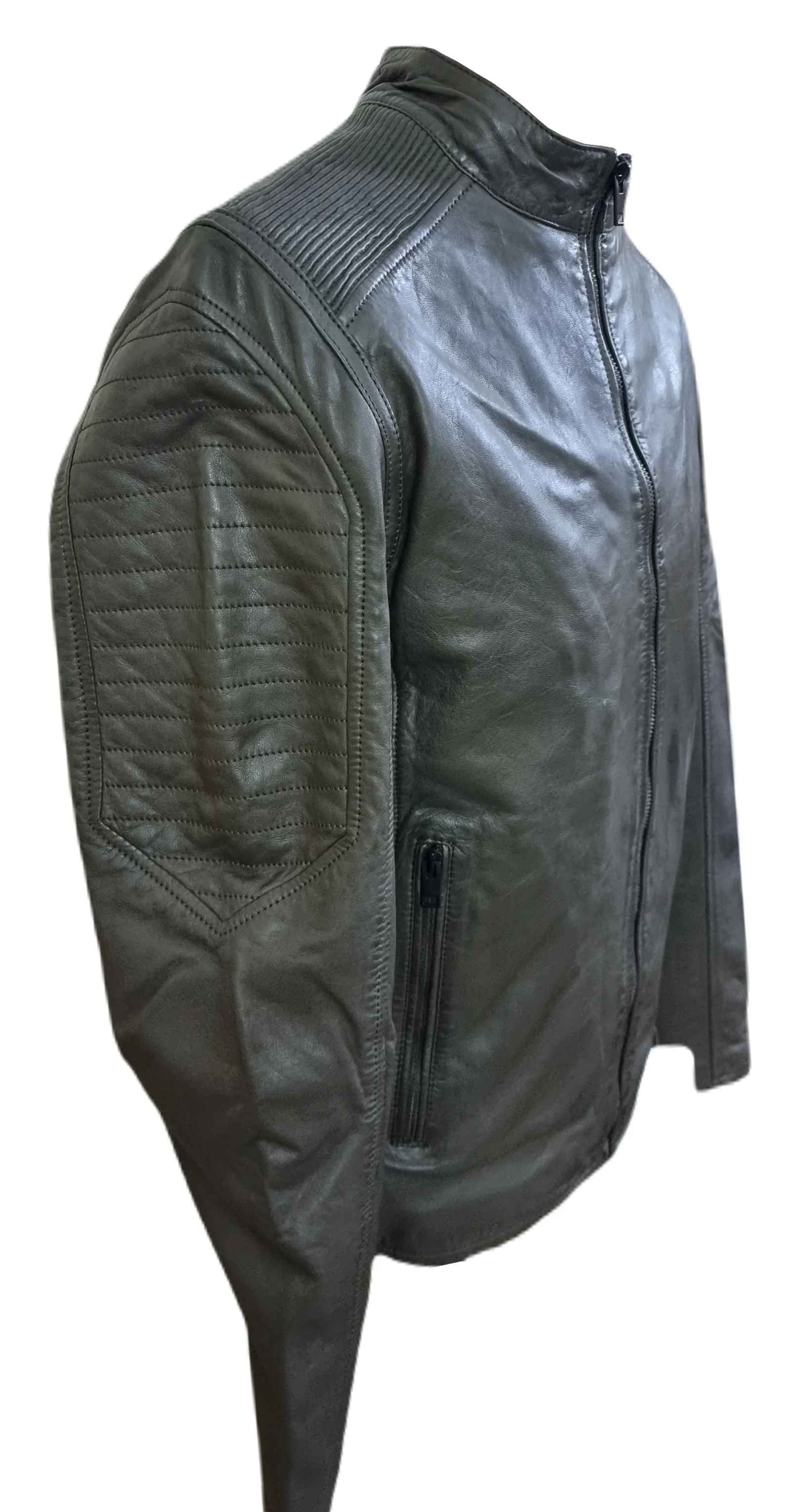 Mens Leather Jacket Olive Green Biker Style Handmade Real Lambskin Jacket - ELM38