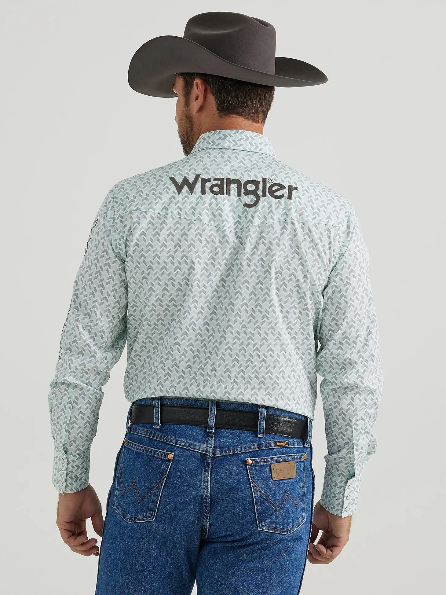 Men's Wrangler Logo Aqua Print Long Sleeve Snap Shirt