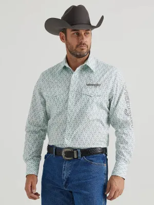 Men's Wrangler Logo Aqua Print Long Sleeve Snap Shirt