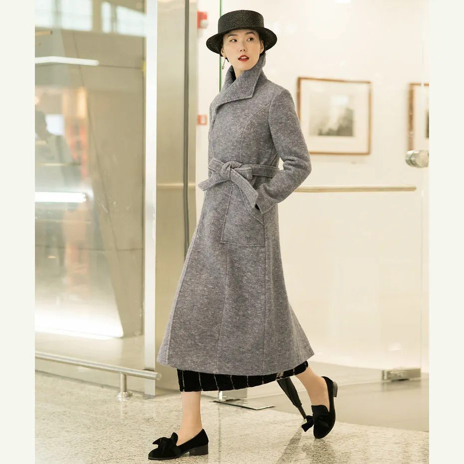 New light purple woolen outwear trendy plus size tei waist long coats pockets coats