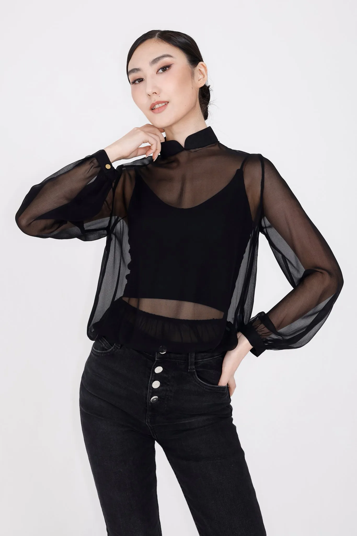 PIA Silk Sheer Chiffon Blouse (Black)