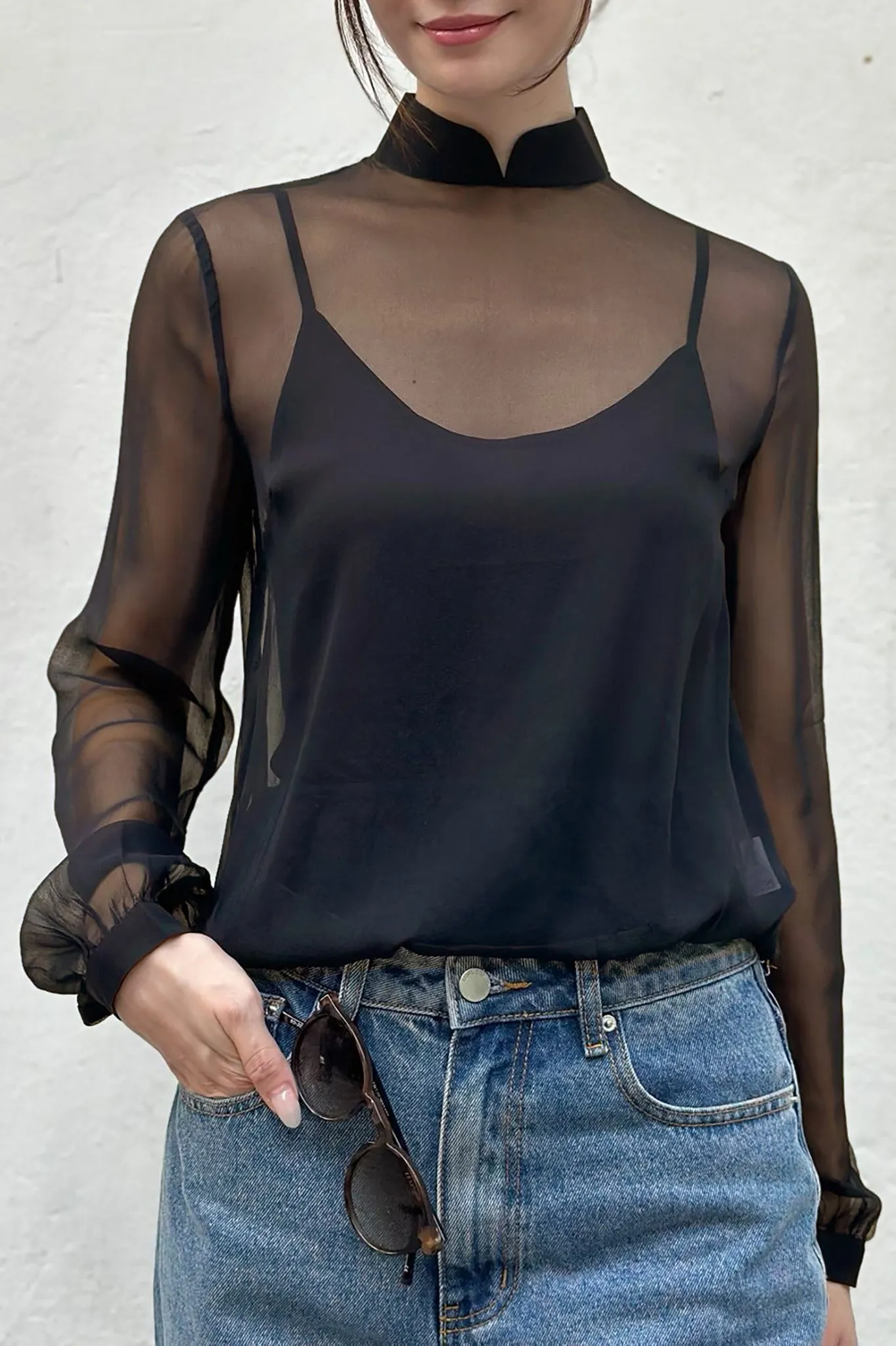 PIA Silk Sheer Chiffon Blouse (Black)