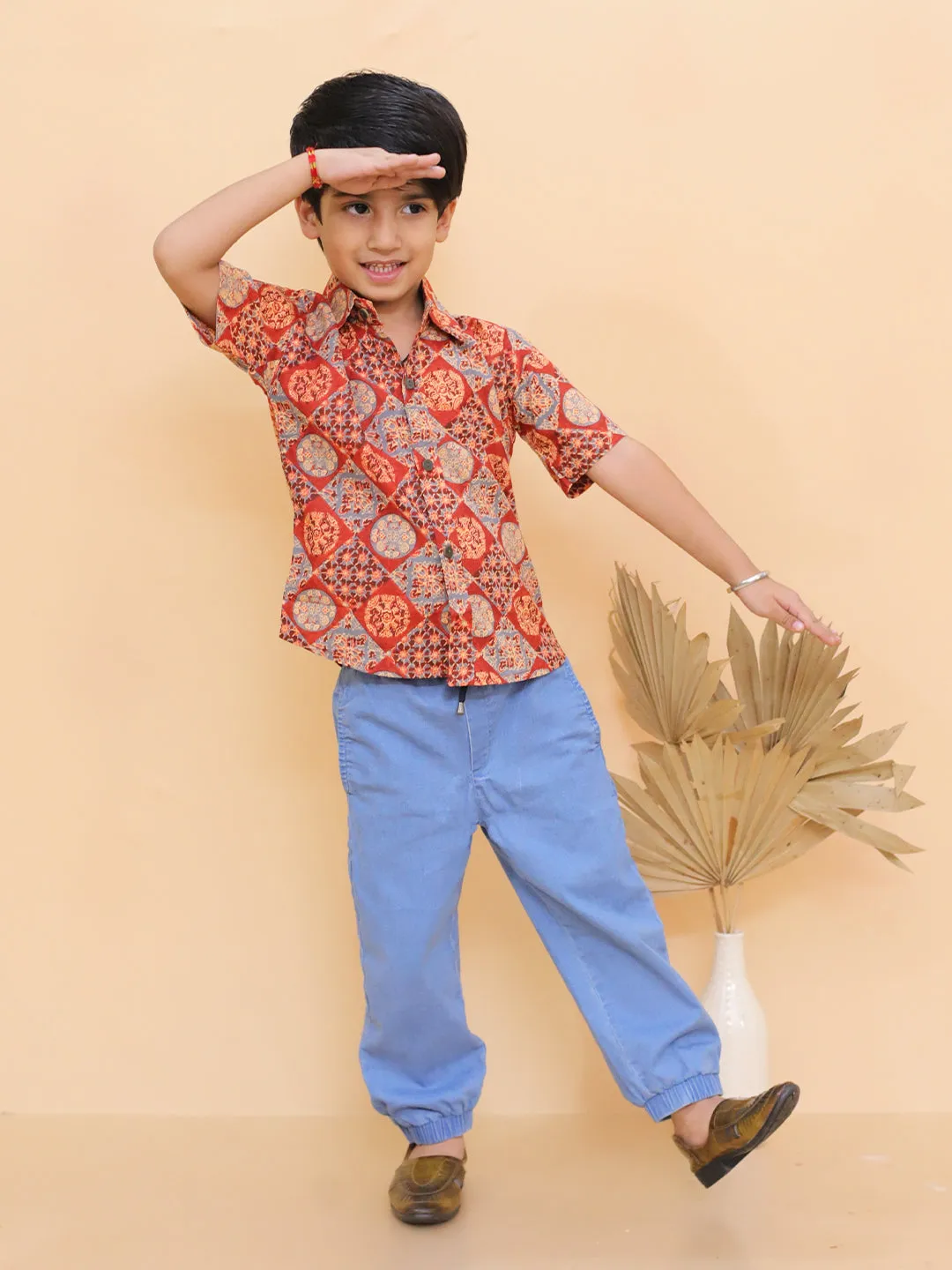 Rust Ajrakh Print Boys Shirt