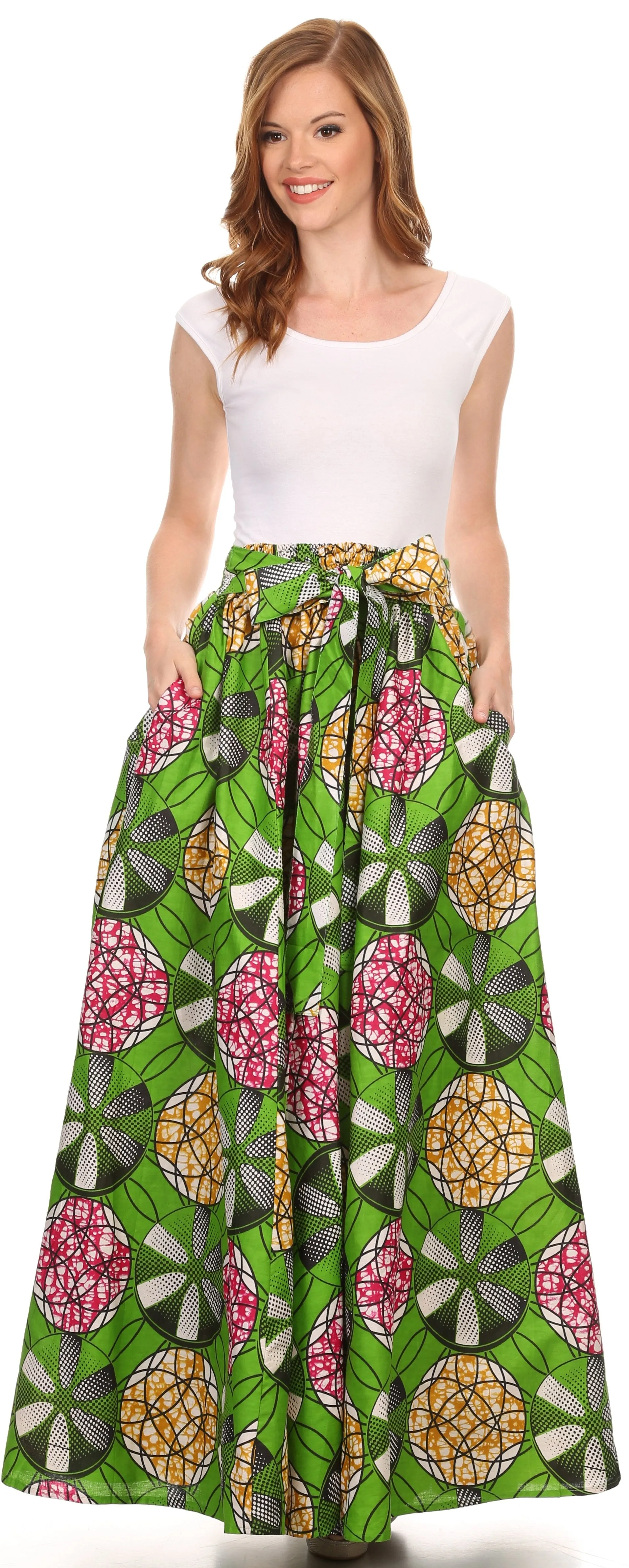 Sakkas Kelela Unique Designs Wax Print Adjustable Waist Long Tall Skirt