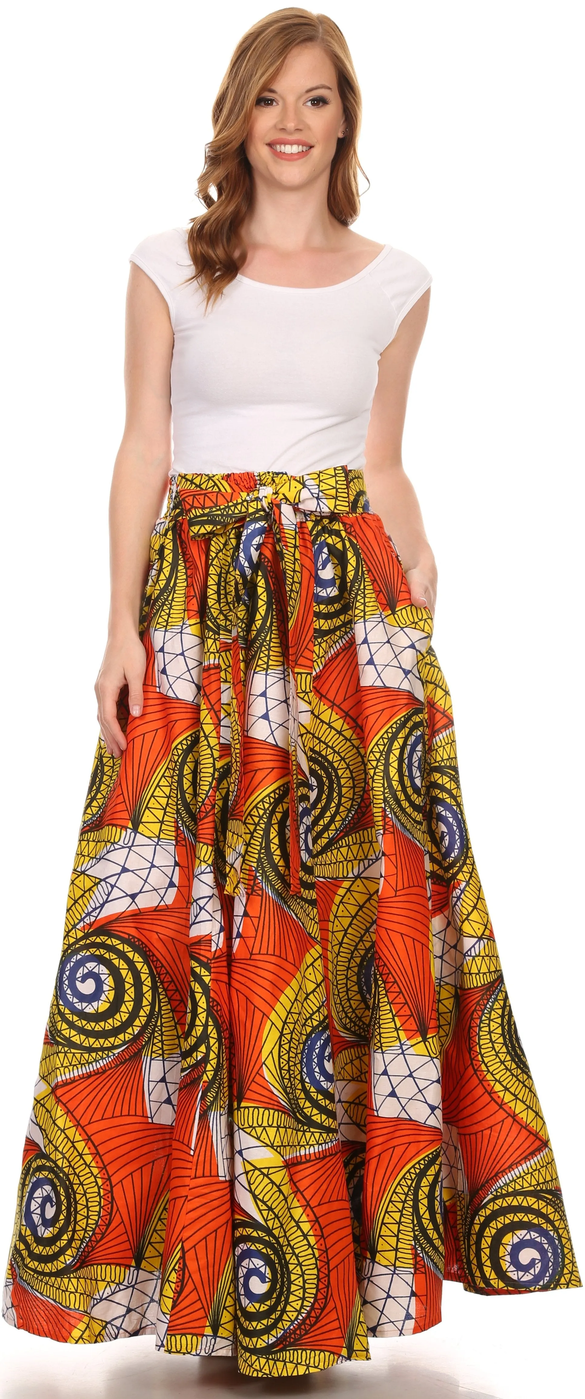 Sakkas Kelela Unique Designs Wax Print Adjustable Waist Long Tall Skirt