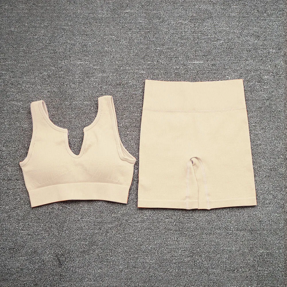 Sexy Seamless Yoga Gym Suits Quick Dry Ribbed Sports Crop Top Bra High Waist Shorts Workout Clothes for Women Tracksuit