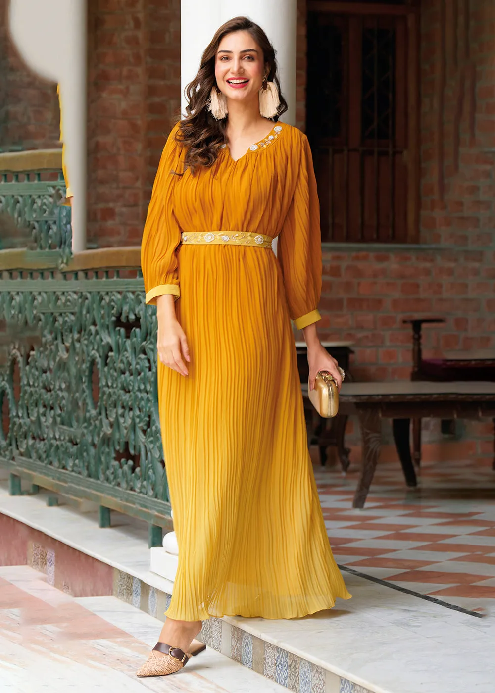 Shaded Yellow Ombre Crushed Khatli Work Georgette Gown