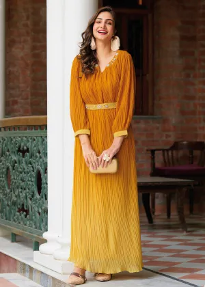 Shaded Yellow Ombre Crushed Khatli Work Georgette Gown