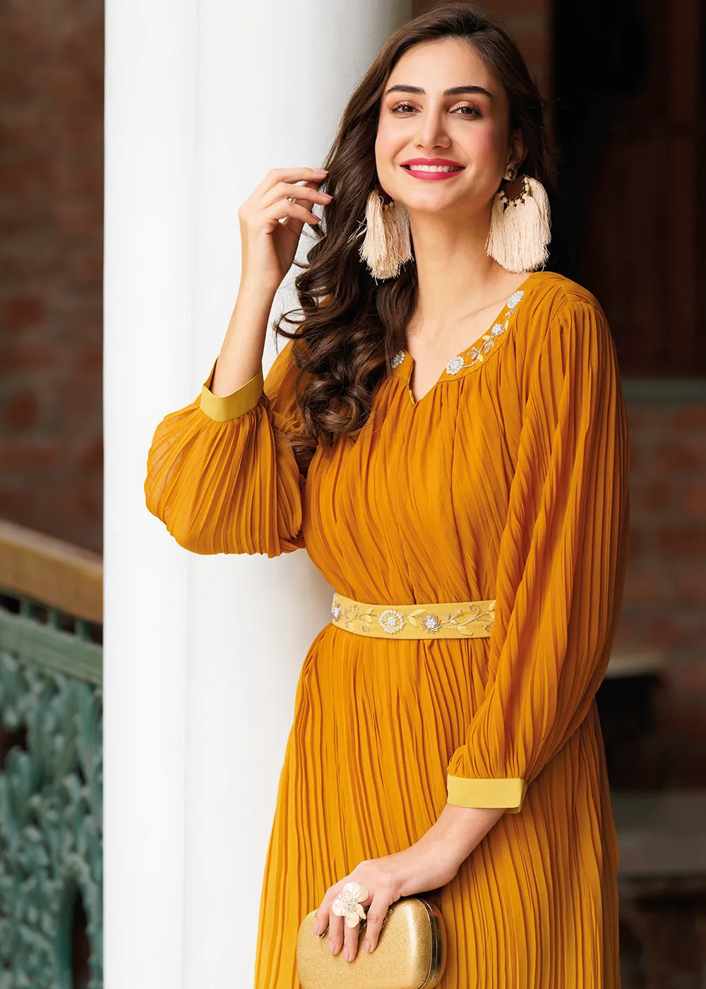 Shaded Yellow Ombre Crushed Khatli Work Georgette Gown