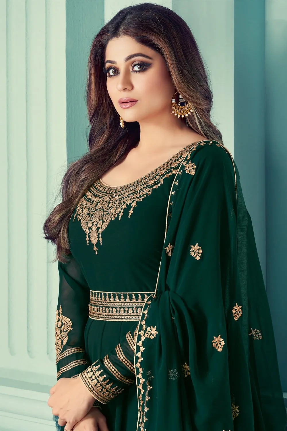 Shamita Shetty Green Embroidered Anarkali Suit