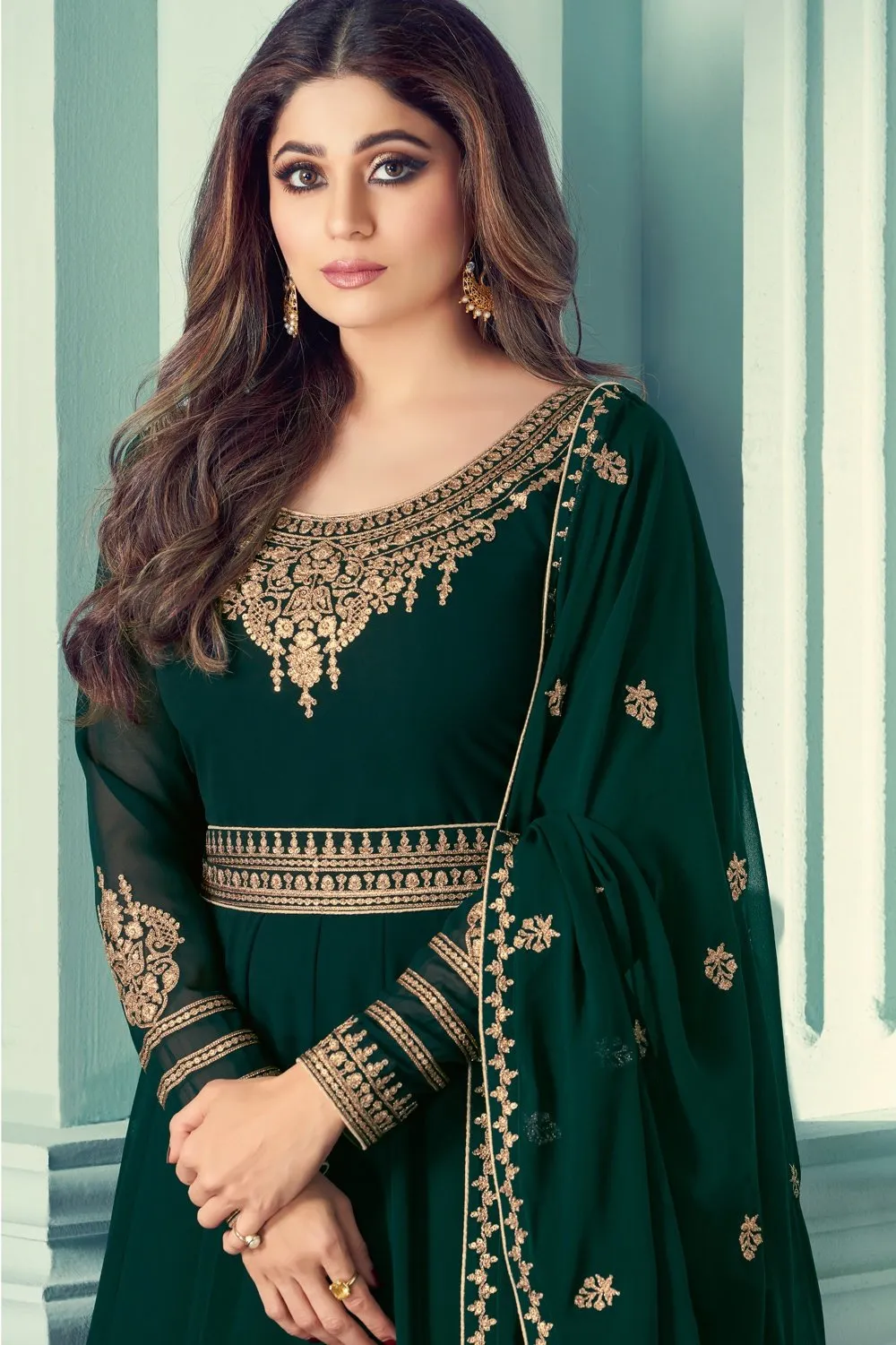 Shamita Shetty Green Embroidered Anarkali Suit